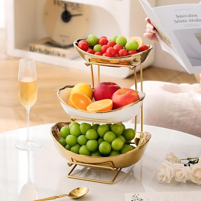 Gold Silver Fruit Bowl with Metal Stand, 3 Tier Ceramic White Fruit Bowl Fruit Rack for Kitchen Counter, Tiered Fruit Basket for Snacks Bread Candy Storage (Gold (Smooth Surface))