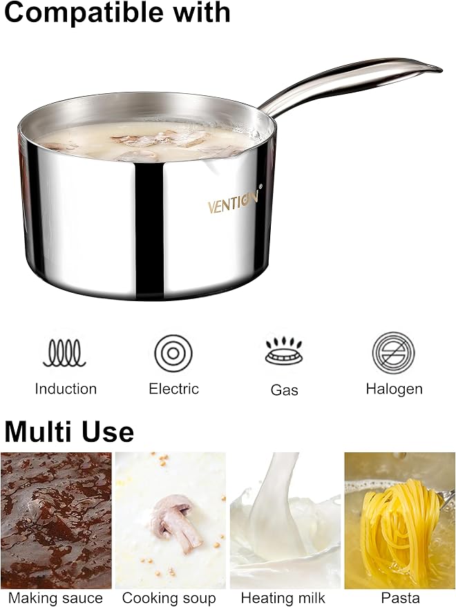 VENTION Tri-Ply Stainless Steel 1.4 Quart Induction Saucepan with Lid | Small Sauce Pan with Pour Spout, Small Cooking Pot for Tea and Milk