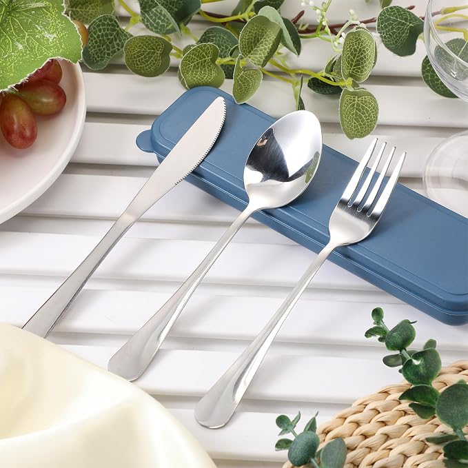 4 Pack Travel Silverware Set with Case for Lunch,Blue | Reusable Utensils with Case, Portable Flatware, Camping Cutlery, Fork Spoon Knife, for Work School, Dishwasher Safe