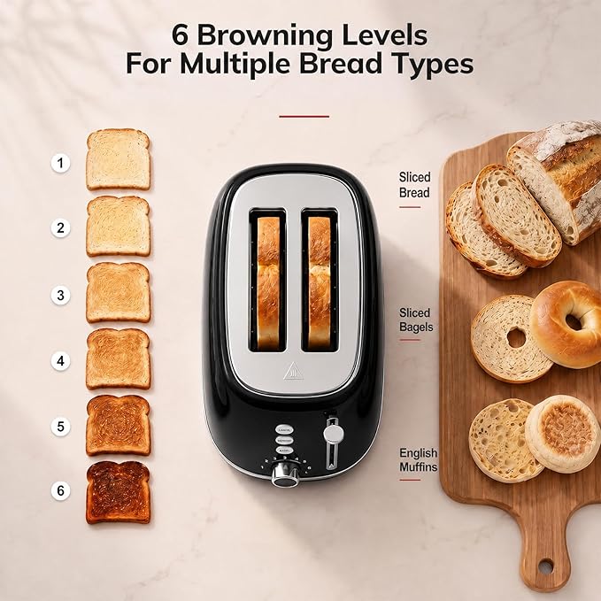 2 Slice Retro Stainless Steel Toaster with Bagel, Cancel, Defrost Function and 6 Bread Shade Settings Bread Toaster, Extra Wide Slot and Removable Crumb Tray (Black)