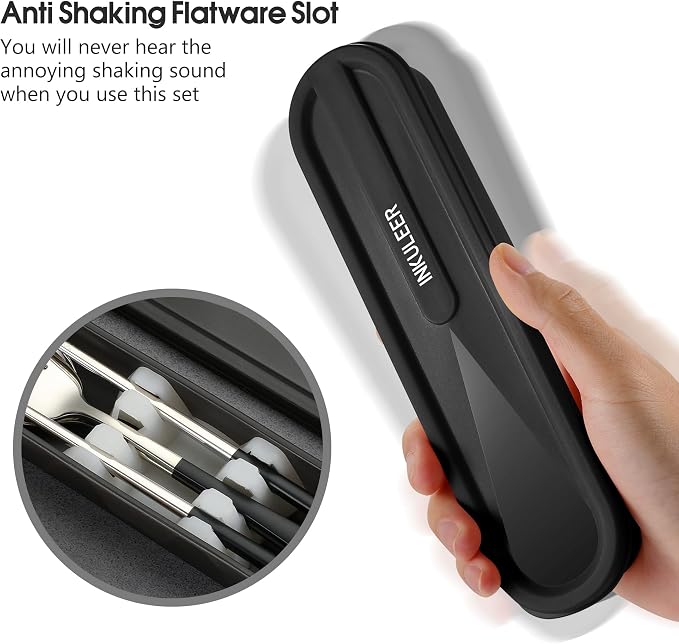 iNKULEER Travel cutlery set, 18/8 stainless steel cutlery, Reusable utensils set with case, Portable Silverware Lunch Box for Camping and Office (Black)