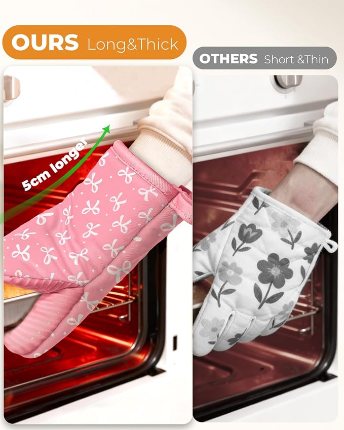 100% Thick Cotton Mini Oven Mitts Silicone Grip Girly Pink Bow | Girly Cute Oven Mitts for Women, Machine Washable, Non-Slip, Reversible Design Fits Both Hands, Stylish Kitchen Decor