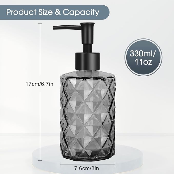 Topsky Glass Soap Dispenser with Plastic Pump, 330ml Liquid Hand Soap Dispenser, Rustproof Pump for Kitchen & Bathroom, Great for Lotions, Essential Oil, Liquid Soaps Clear Black