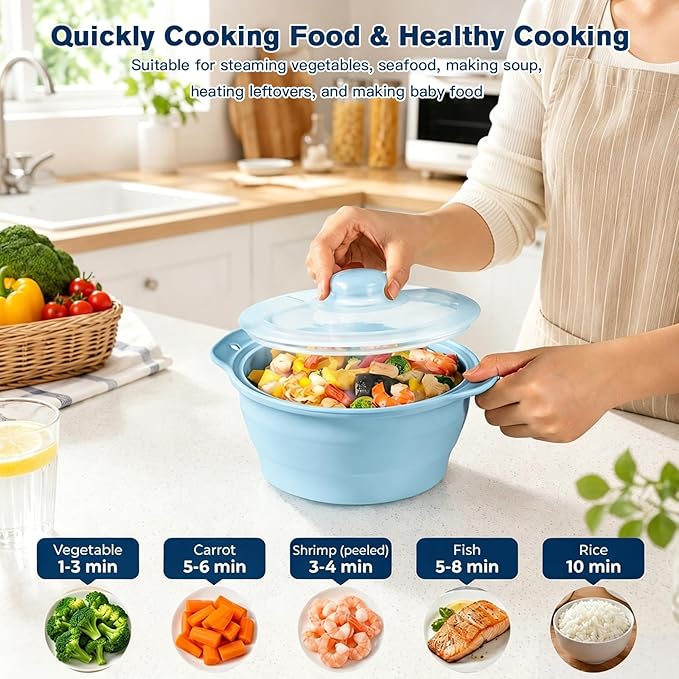 42oz Silicone Microwave Food Steamer with Steam Basket, Collapsible Steamer for Cooking Vegetable, Seafood, Dumplings, Rice Cooker, BPA Free Small Steam Pot with Handle & Lid, Dishwasher Safe (Blue)