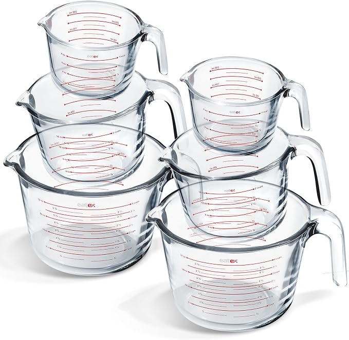 Eatex Glass Measuring Cups Set of 6 - Liquid Measuring Cups, Glass Measuring Cup Set - 1,2,4 Cup Measuring Cup - Dishwasher Oven, Microwave Safe Measure Cups
