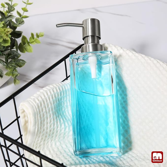 GMISUN Glass Soap Dispenser with Stainless Steel Pump, Clear Hand Soap Dispenser for Bathroom, 12 fl oz/350ml Dish Dispensers for Kitchen, Modern Refillable Liquid Soap Lotion Bottle for Countertop