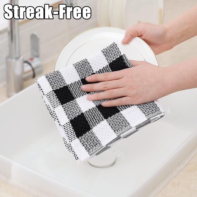 Homaxy Kitchen Towels and Dishcloths Set, Set of 8, Black & White | Bulk Cotton Waffle Weave Check Plaid Kitchen Towels, Super Soft and Absorbent Dish Cloths, 12 x 12 and 13 x 28 Inches
