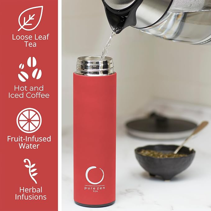 Pure Zen Tea Insulated Tea Infuser Bottle, 15 oz, Tea Thermos with Infuser | Leakproof, Hot and Cold 24 Hrs - for Tea, Coffee and Water, Stainless Steel, Tea Gift Set, Tea Tumbler with Infuser, Blue