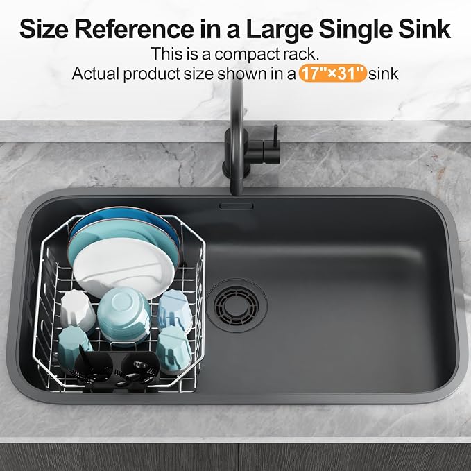 Small in Sink Dish Drying Rack - Stainless Steel for RV Kitchen | Compact Design for Apartments, Angled Corners Fit Square & Round Sinks, Utensil Holder, Cup Hooks, 1-2 Person, 11.6" x 13.4"