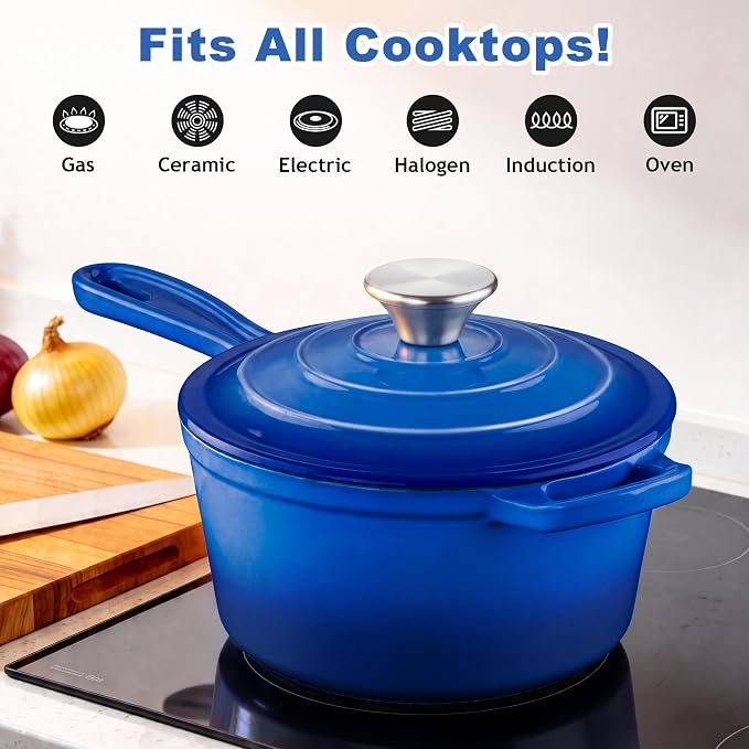 1 Quart Saucepan with Lid, Leonyo Enameled Cast Iron Dutch Oven Pot, Non Stick Small Cooking Pots Kitchen Induction Cookware for All Cooktops Cooking Pasta, Soup, Ramen - Up to 500°F, Dark Blue