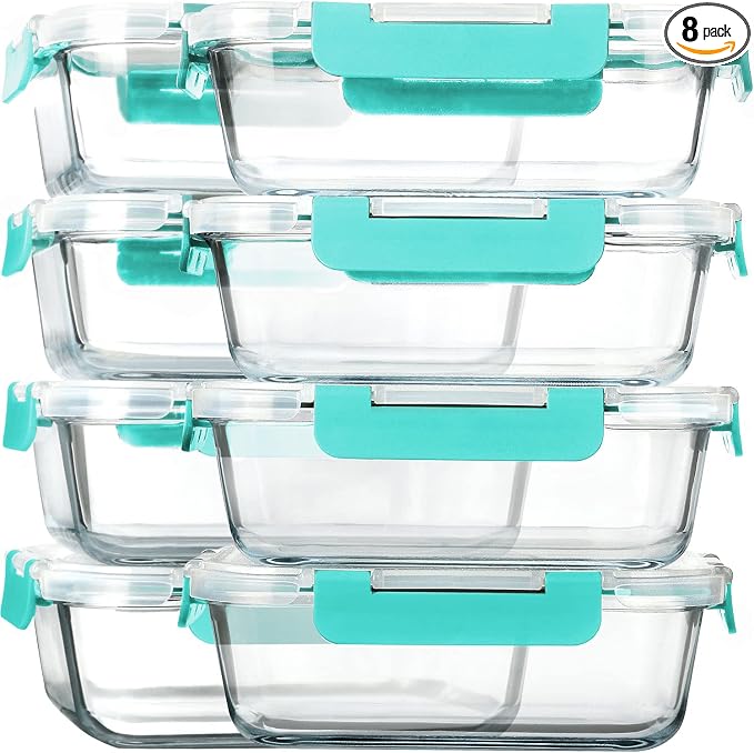 M MCIRCO 8 Pack,30 oz Glass Food Storage Containers with Lids, Green | Glass Meal Prep Containers,Airtight Lunch Containers with Lids, Microwave, Oven, Freezer and Dishwasher Friendly, BPA Free