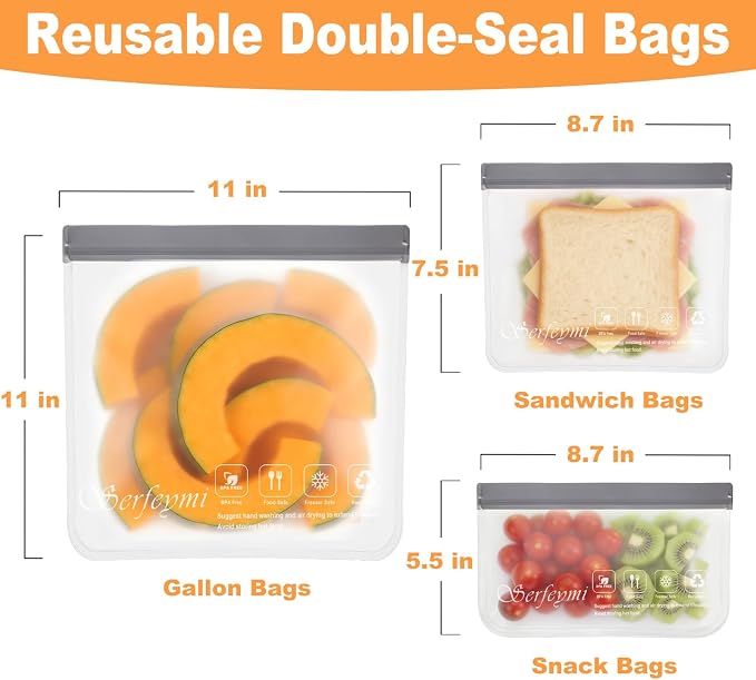 Serfeymi 10 Pack Reusable Gallon Freezer Dishwasher Safe, Extra Thick Reusable Plastic Bags BPA Free, Leak Proof Food Storage Bags with 3 Sizes for Meat, Travel, Fruit - 3 Gallon 4 Sandwich 3 Snack