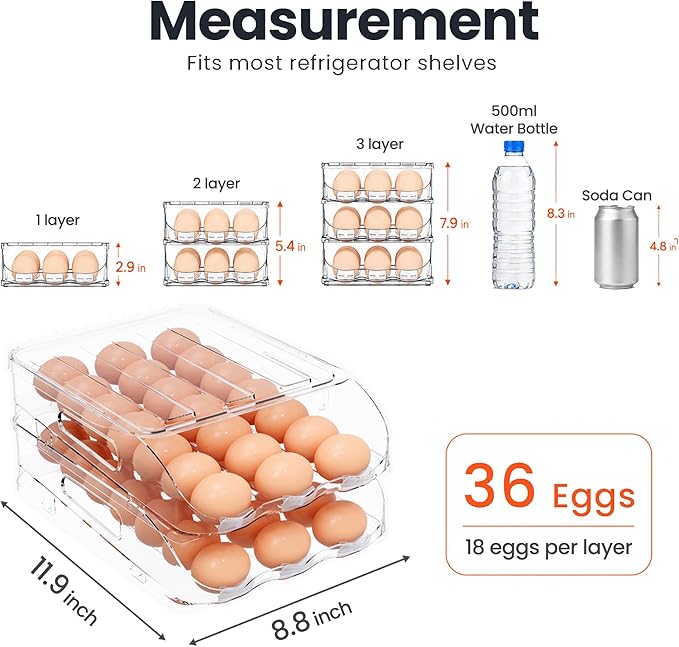 SMRCAD 36-Egg Dispenser with Silicone Bumpers, Auto-Rolling, Stackable | BPA-free food-grade PET | Stackable with lid | Built-in handle | 11.92"L x 8.85"W x 5.4"H | Hand wash only