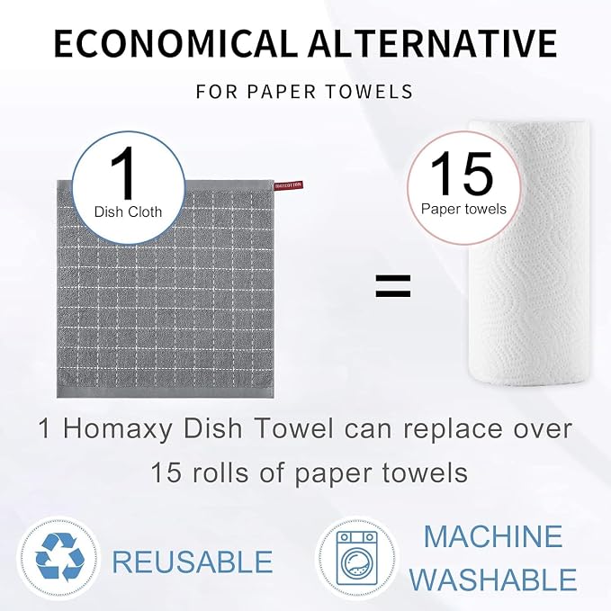 Homaxy 100% Cotton Terry Kitchen Dish Cloths, 4 Pack, Grey | Ultra Soft and Absorbent Dish Towels for Kitchen, Suitable for Drying and Washing Dishes