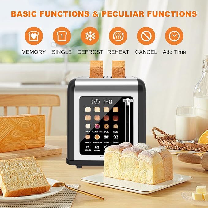 2 Slice Toaster Touch Screen, Stainless Steel Toasters Digital Timer 2 Slot Toasters, 8 Shade Settings 6 Bread Types for Bagel, Cancel, Defrost (Red)