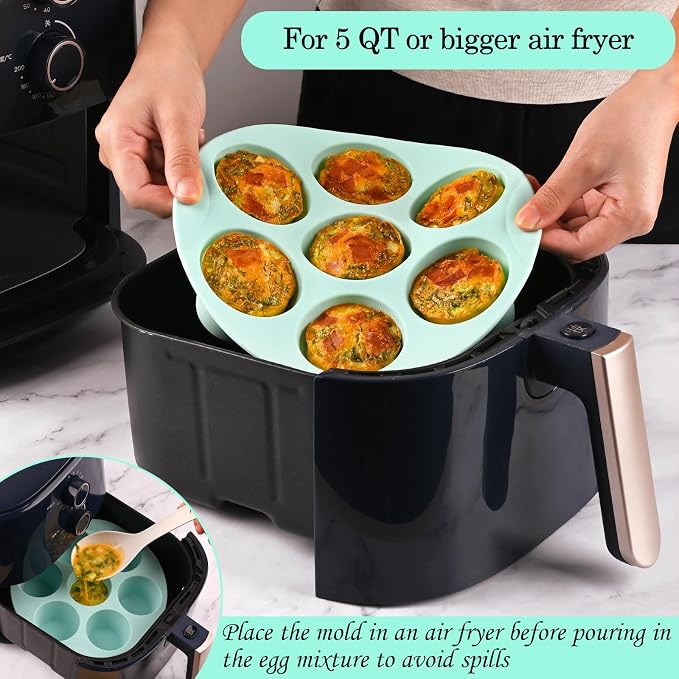 2 Pack Silicone Egg Bite Molds for Air Fryer, Nonstick 7 Cups Air Fryer Muffin Pan for Baking Egg Bite, Mini Muffins, Tart, Mini Cupcake and Quiche (Pink + Green)