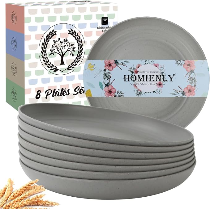 Dinner Plates Set of 8 Premium Wheat Straw Plate Alternative for Plastic Plates Lightweight Round Plate Set Microwave and Dishwasher Safe Plates for Kitchen Unbreakable (Grey, 10 inch)