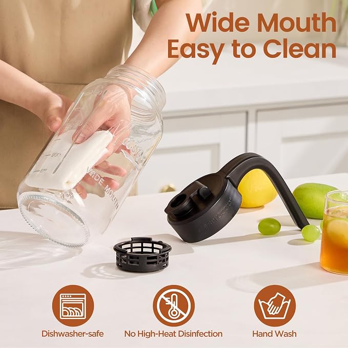 Mason Jar Pitcher with Tea Filter, 64 oz Glass Pitcher with Lid | Airtight, Leakproof, Pour Spout Lid, Ergonomic Handle, Fridge Safe, for Outside, Sun Tea, Lemonade, iced Tea