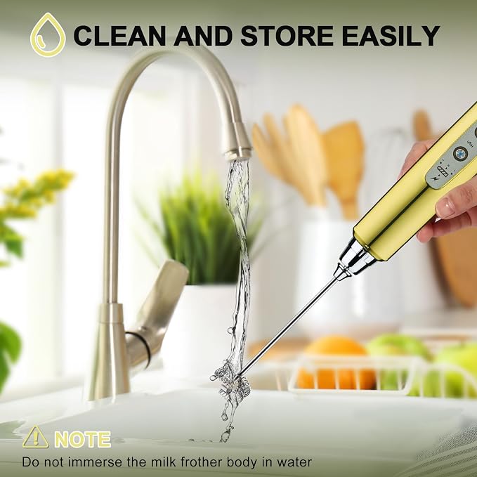 YUSWKO Handheld Milk Frother Wand for Coffee, Rechargeable Electric Whisk with 3 Heads 3 Speeds Drink Mixer Coffee Frother For Latte, Cappuccino, Hot Chocolate, Egg, Champagne Gold