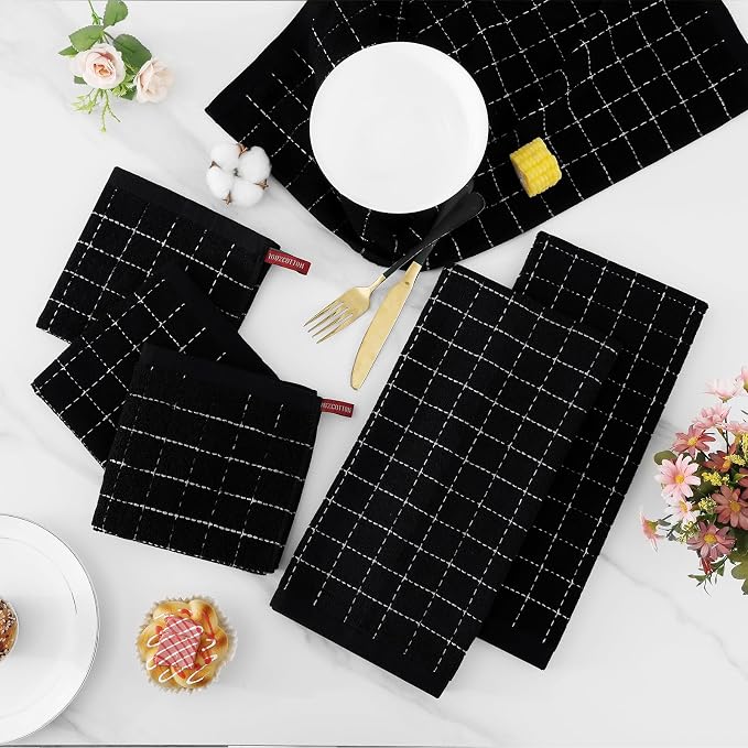 Homaxy Kitchen Towels and Dishcloths Set, Set of 12, Black | Bulk Cotton Terry Kitchen Towels, Checkered Designed, Soft and Super Absorbent Dish Towels, 12 x 12 and 13 x 28 Inches