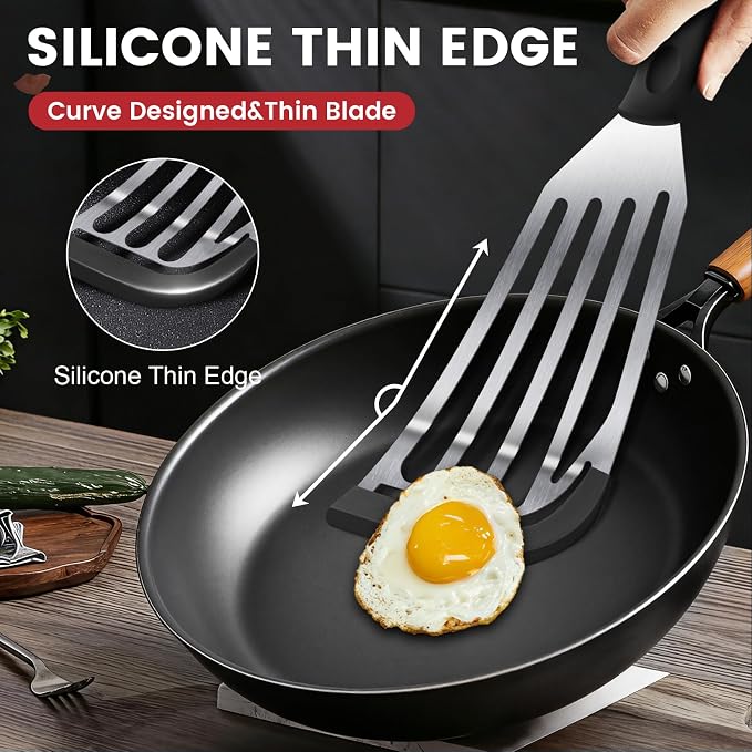 Silicone Fish Spatula, Heat Resistant Silicone Edge for Nonstick Cookware, Fish Turner for Kitchen Use, Flexible and Thin Stainless Steel Slotted Spatula,12.2 * 3.42 Inch, Black