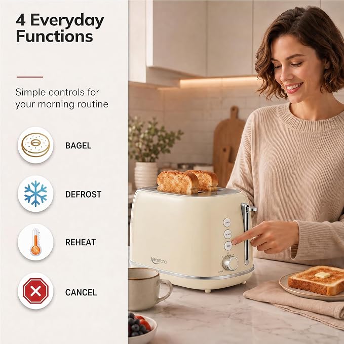 Toasters 2 Slice Retro Stainless Steel Toasters with Bagel, Cancel, Defrost Function and 6 Bread Shade Settings Bagel Toaster, Beige