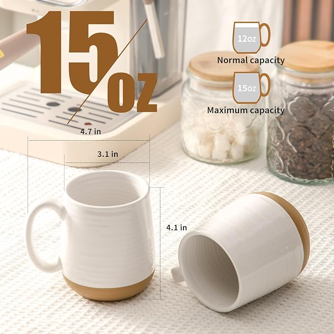 HASENSE Coffee Mugs Set of 4, 15oz Ceramic Coffee Cups with Handle, Two-Tone Design for Cappuccino Latte Tea, Large Microwave Dishwasher SafeMug Set, Housewarming Gift, Creamy White