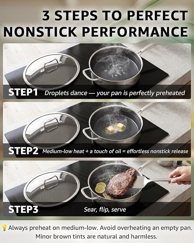 LOLYKITCH 6-Quart Large Frying Pan with Lid | 12 Inch | Detachable Handle | Tri-Ply Stainless Steel | Hybrid Nonstick Ceramic Coated | Deep Skillet | Saute Pan for Family Meals | Induction Oven-Safe