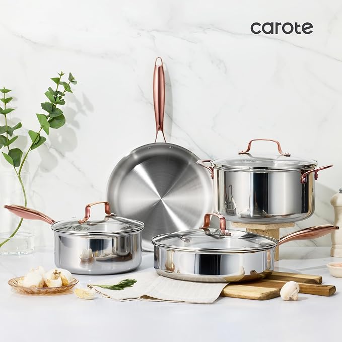 CAROTE 10" Tri-Ply Stainless Steel Deep Frying Pan with Lid, Non-Toxic Saute Pan, Oven Safe, Induction, Ceramic and Gas Cooktops Compatible, Silver