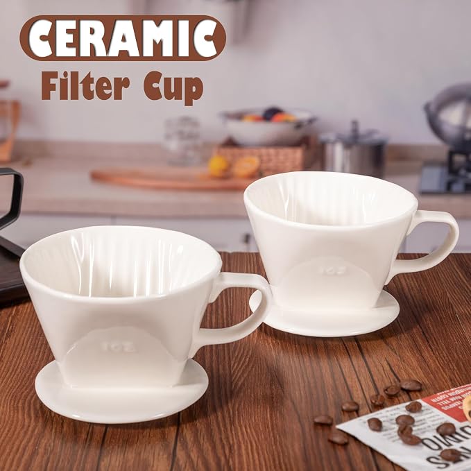 Pour Over Coffee Dripper, Ceramic Pour Over Coffee Maker, White | 3 Holes Flat Bottom, Easy Manual Brew Maker, Porcelain Slow Filter Cone for Travel, Camping, Office, Home