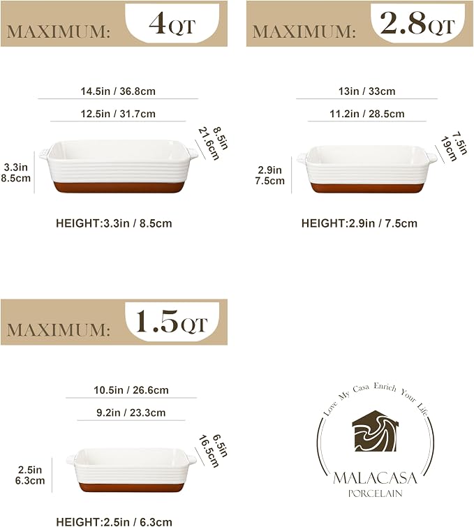MALACASA Casserole Dishes for Oven, Ceramic Baking Dishes Set of 3, Baking Pan Casserole Dish Set, Rectangular Lasagna Pan Deep with Handles for Baking, Khaki White (14.5''/13''/10.5''), Series TARA