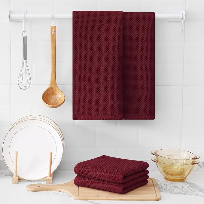 Kitinjoy 100% Cotton Waffle 4-Pack Kitchen Towels, 13" x 28", Burgundy | Super Soft, Ultra-Absorbent, Fast Drying, lightweight, Quick Drying Kitchen Hand Towels