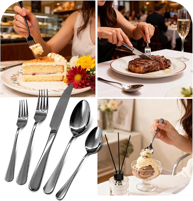 20 Piece Silverware Set, Kitchen Utensils Set for Restaurant & Home, Stainless Steel Cutlery Set, Flatware Set include Forks, Knives, Spoons, Household Essentials for New Home, Black