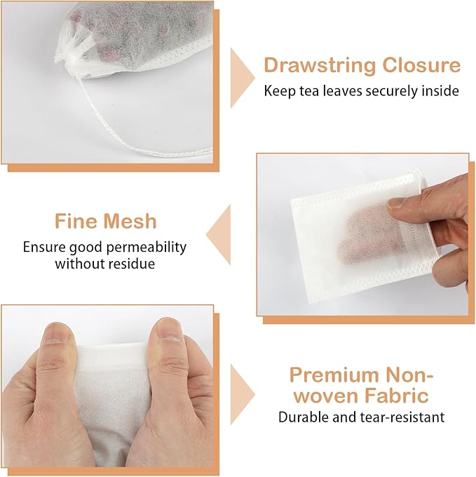 300 Pcs Disposable Empty Tea Bags for Loose Leaf Tea | 3.54" x 2.75", Food-grade, with Drawstring, Safe for Hot Water Brewing, for Coffee, Herbs, Spices, Tea Filter Sachets Infuser