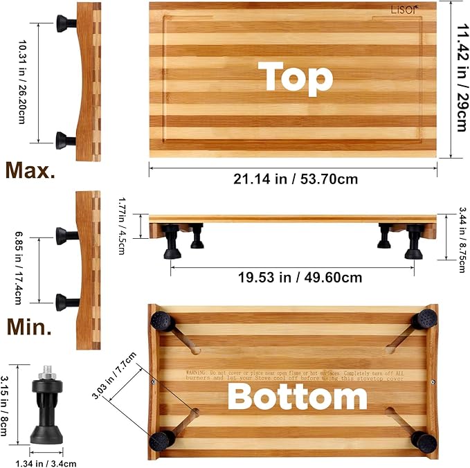 Bamboo Stovetop Cover&Countertop Cutting Board with Adjustable Legs, 21.14 x 11.42 inches Dual-purpose Chopping Board for Electric Stove Burner, Workspace Block Cover for RV Camping Camper Gas