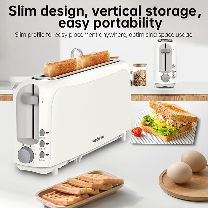 SEEDEEM 2 Slice Slim Toaster, 10" Long Slot, 6 Shade Settings, White | Long Slot, 6 Shade Settings, Cancel/Reheat/Defrost, Removable Crumb Tray