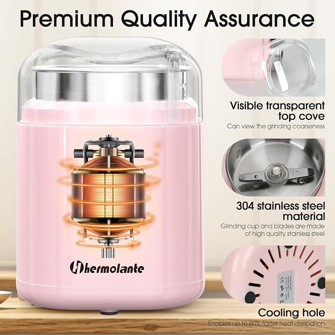 Hermolante Herb and Spice Grinder, 200W Electric With Stainless Steel Blade, Cleaning Brush - Compact Size 5.11in (Pink)