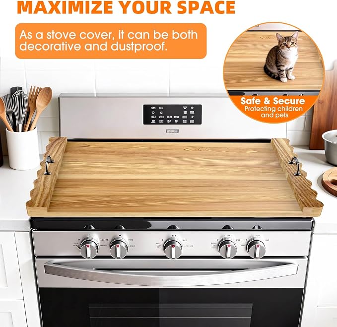 Latest wave-patterned wooden stove top cover, stylish pine panel stove top cover,suitable for gas stoves with 4 and 5 burners, food tray, kitchen stove tray. (Light wood color)