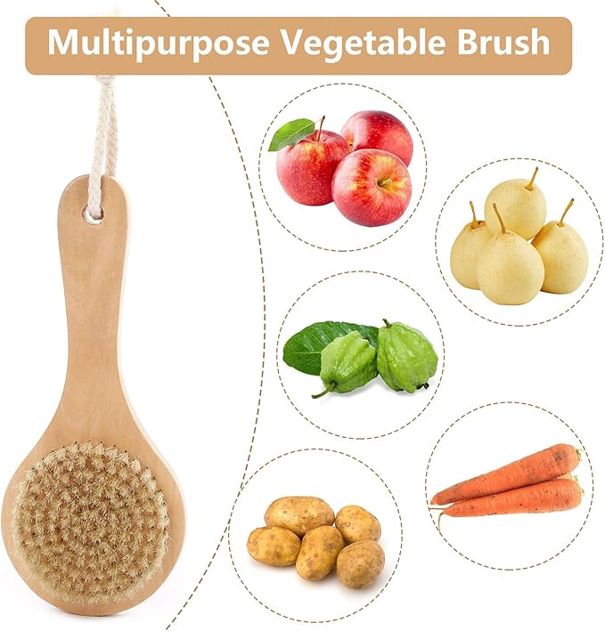 Vegetable Brush Set of 2, Natural Wooden Potato Scrubber for Cleaning
