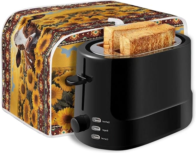 Sunflower Cow Print Toaster Cover for Home Office, Cute 4 Slice Wide Slot Toaster Appliance Cover, Dirtproof Bread Toaster Cover Bakeware Protector