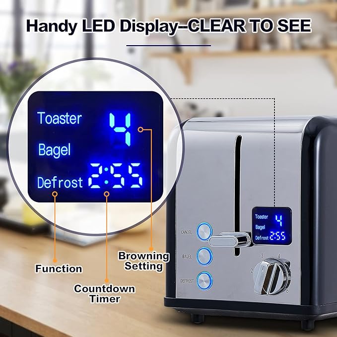 CUSIMAX 2 Slice Stainless Steel Toaster with Digital LED Display, Black | 1.5'' Wide Slots for Bagels & Thick Bread, Countdown Timer, 6 Browning Levels, Bagel/Defrost/Cancel, Removable Crumb Tray