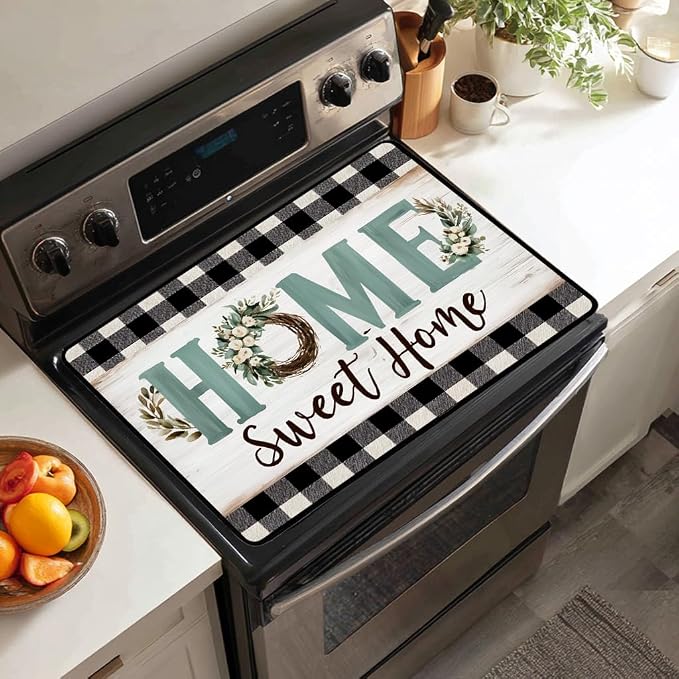 Home Sweet Home Glass Stove Top Cover Protector – Vintage Glass Cooktop Protector,Buffalo Check Cooktop Mat for Ceramic Countertop Mats Electric Stove Cover Festive Decor