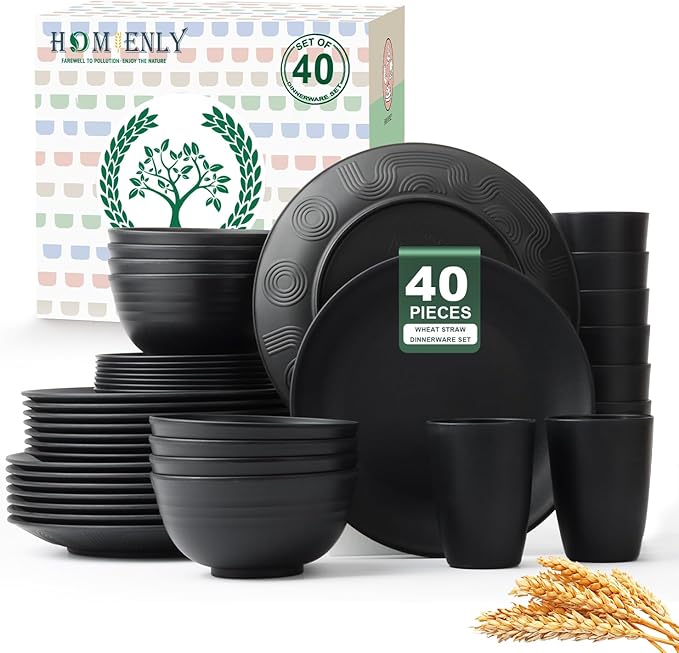40-Pieces Wheat Straw Dinnerware Set, Kitchen Plastic Wheat Straw Dinnerware Set - Service for 8, Unbreakable Lightweight Dish Set for Kitchen, Camping - Plates Set, Bowls, Cups Set(Black)
