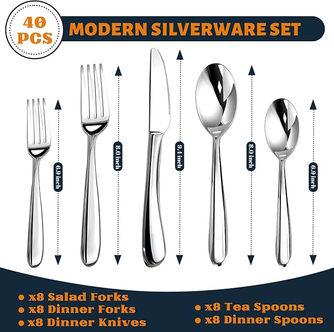 Silverware Set for 8, Heavy Duty Stainless Steel Silverware Set,40 Piece | Mirror Polished Premium Modern Cutlery Flatware Set include Fork Knife Spoon Set,Dishwasher Safe,Utensil set