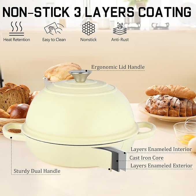 Enameled Cast Iron Bread Oven Dutch Oven Pot with Lid Beige | Bread Dutch Oven for Sourdough Bread Baking, 6 Quarts 10" Bread Pan with Dome Lid, Non-stick Cookware for Homemade Bread