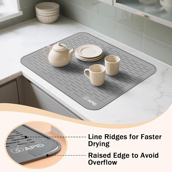 SAPID Silicone Dish Drying Mat: Large 21x18 Inch for Rack & Kitchen Counter | Heat Resistant Mat for Kitchen Counter - Easy Clean Dish Drainer Pad - Kitchen Gadgets / Home Essentials for Households