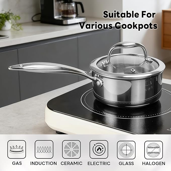 Macevia Sauce Pan with Glass Lid, 18/10 Stainless Steel Pot with Stay-Cool Handle, For All Stoves Multipurpose Use for Home Kitchen or Restaurant（1 Quart）- Silver