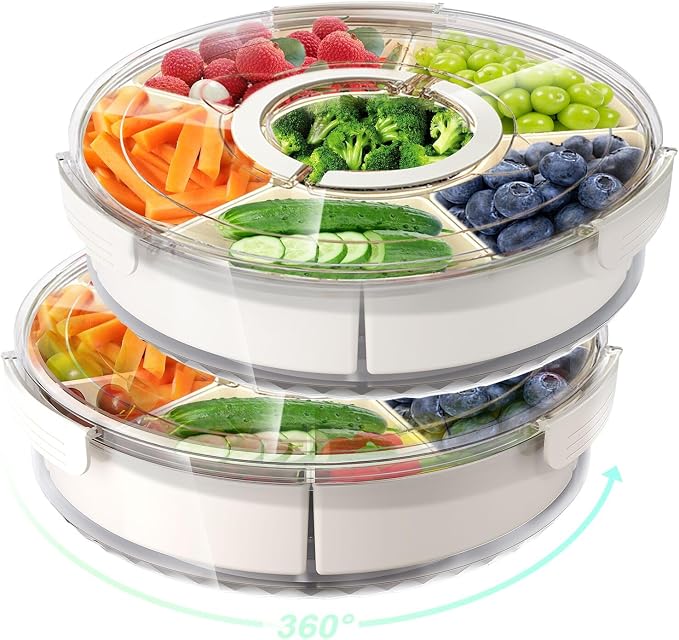 Divided Rotating Serving Tray with Lid and Handle, Portable Snackle Box for Fruits Snacks Veggie Charcuterie, Clear Lazy Susan Organizer and Fridge Storage Container for Adults Child (2PCS,12" L