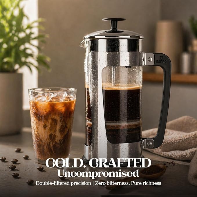 ESPRO P5 French Press Coffee Maker, 32oz, Polished, Stainless Steel Press | Double Filter Coffee Press, Thicker Borosilicate Heat Resistant Glass french press, Tea Press, Easy Coffee Brewer, Tea Brewer