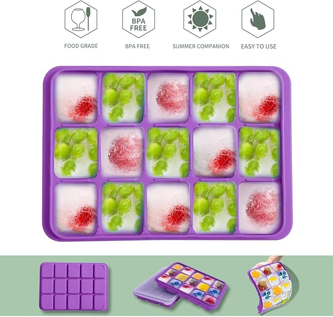 Tvmania Ice Cube Trays Set of 2, 15-Cube Silicone Molds with Removable Lids | Stackable, easy release, BPA-free, reusable, for freezer and whiskey